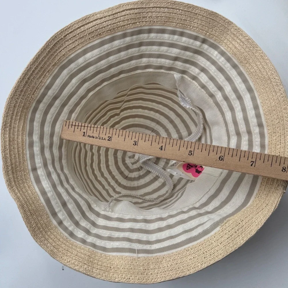 Girls Sun Hat Beige Striped Oversized Bow Character Label 50cm Boutique